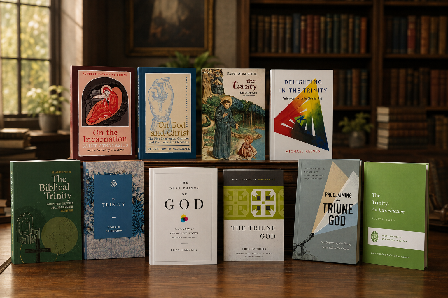The Trinity Collection books arranged on a wooden table
